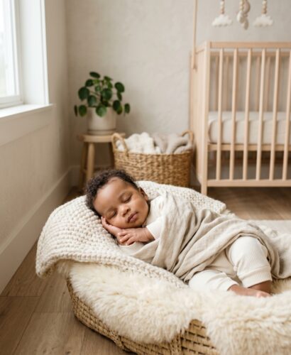 Black baby boy in a minimalist neutral-toned nursery