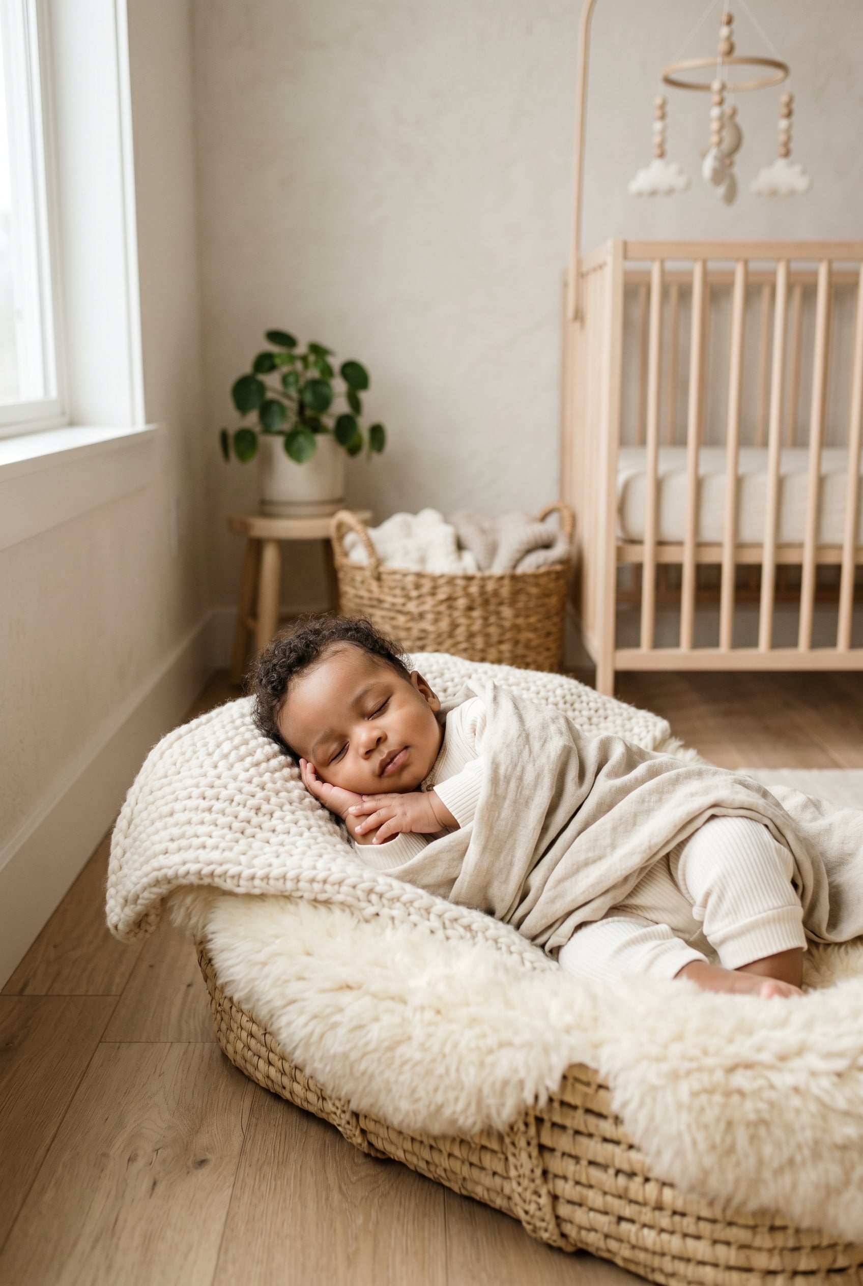 Black baby boy in a minimalist neutral-toned nursery