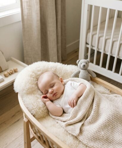 white baby boy in a minimalist neutral-toned nursery