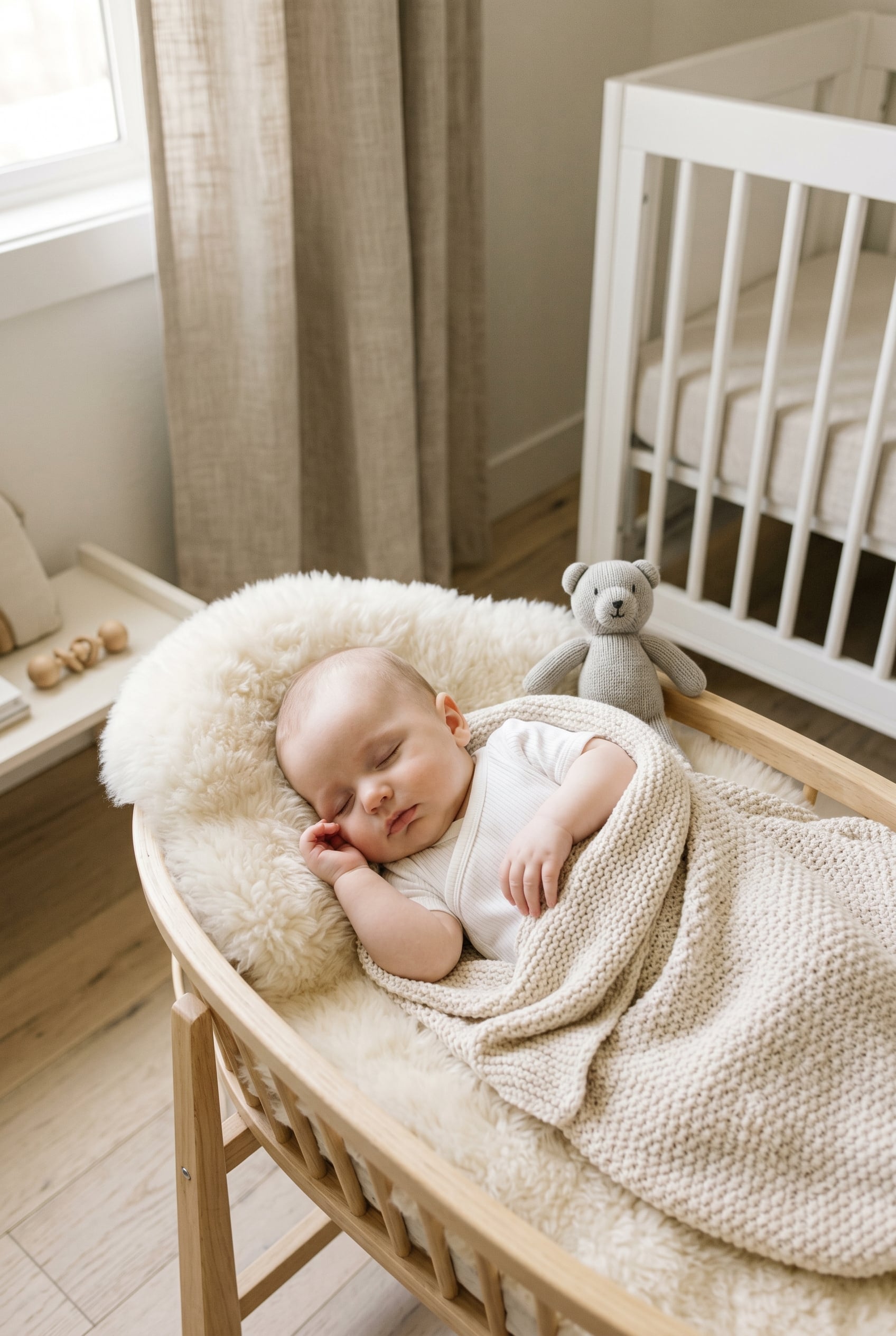 white baby boy in a minimalist neutral-toned nursery