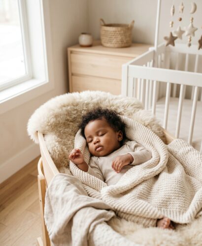 Black baby girl in a minimalist neutral-toned nursery