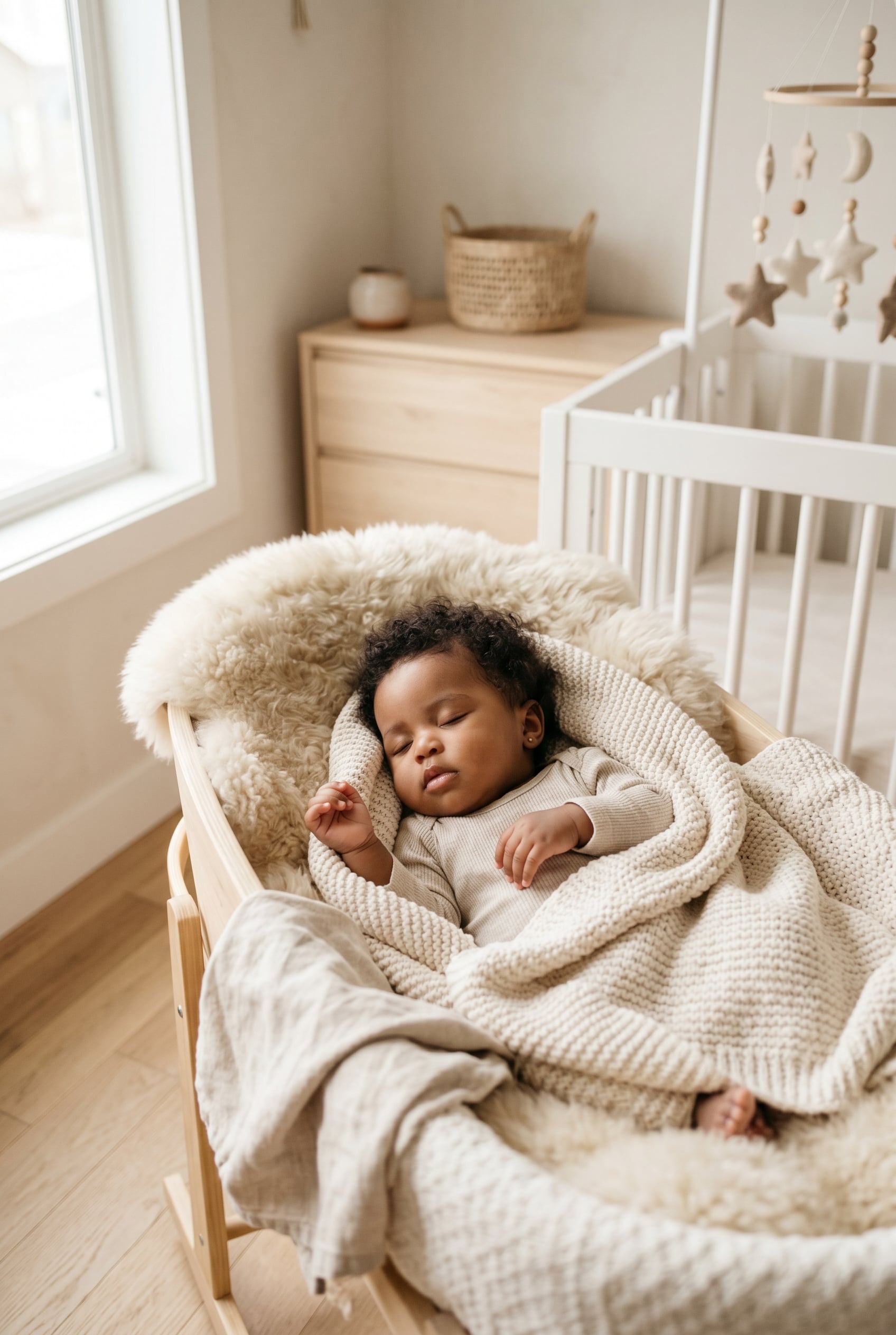 Black baby girl in a minimalist neutral-toned nursery