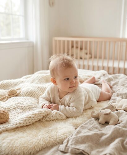 white baby girl in a minimalist neutral-toned nursery