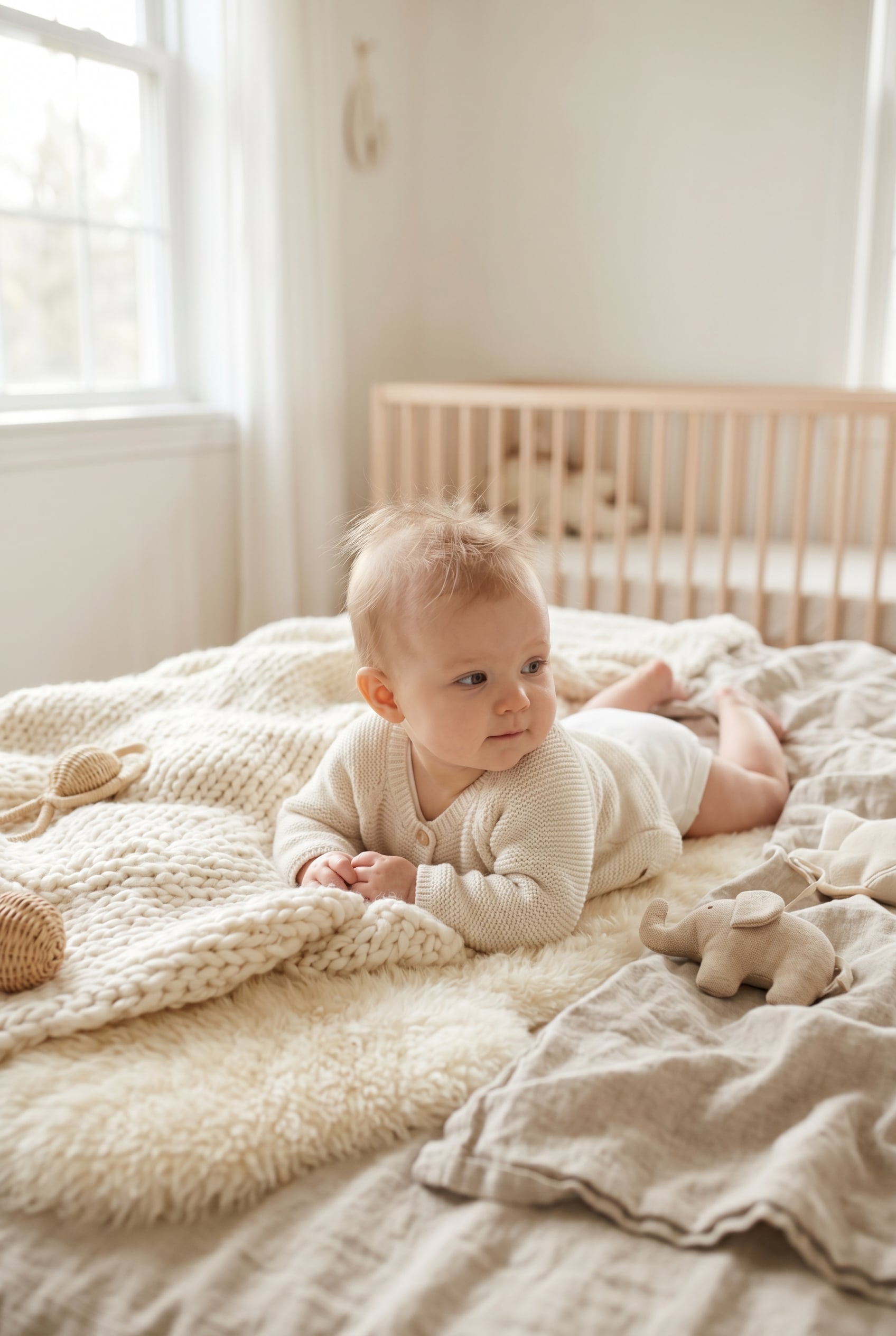 white baby girl in a minimalist neutral-toned nursery