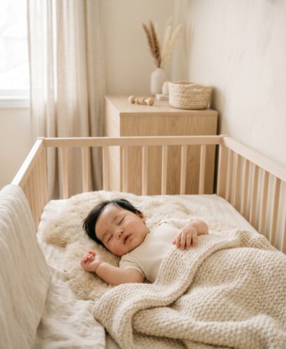 East Asian baby boy in a minimalist neutral-toned nursery