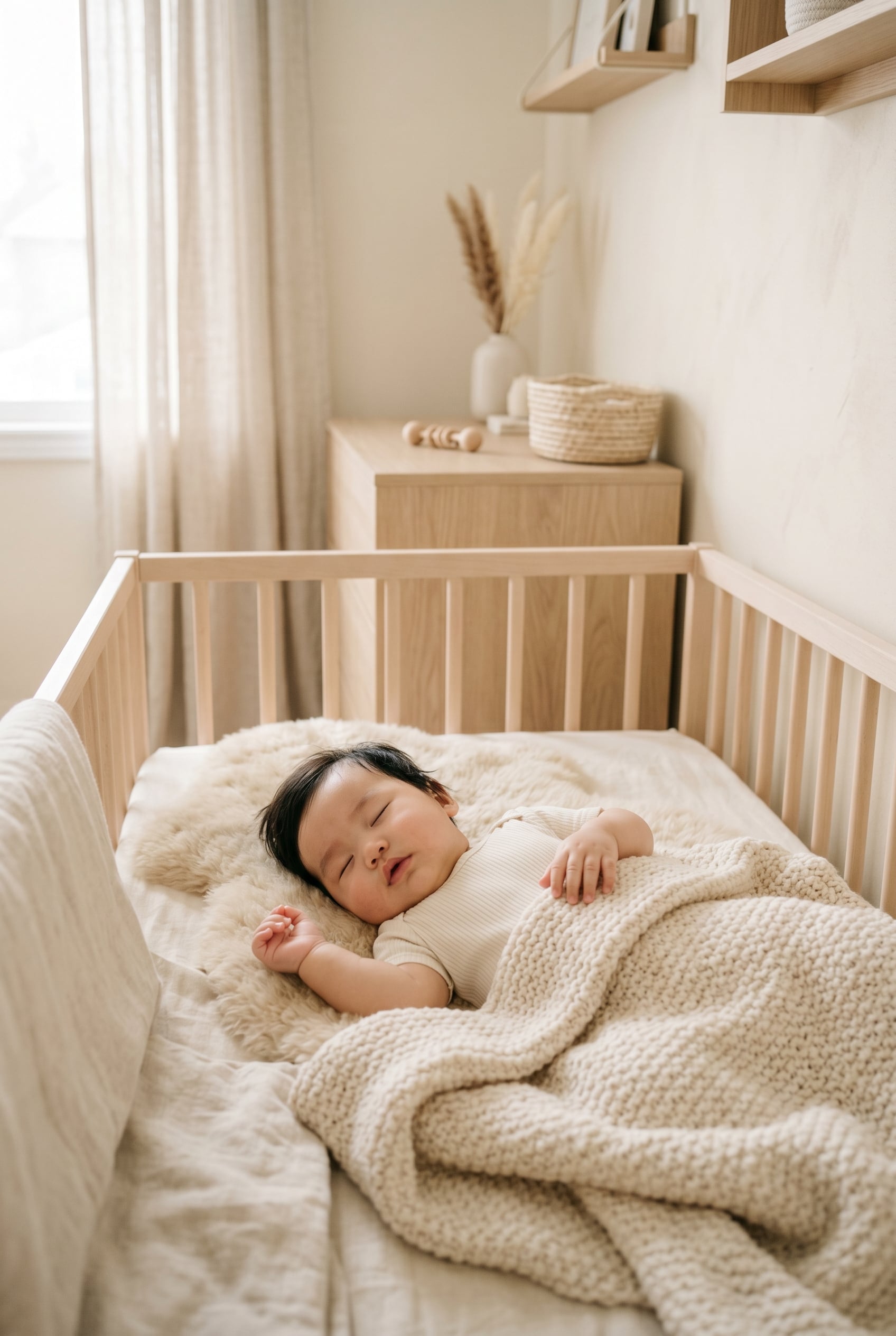 East Asian baby boy in a minimalist neutral-toned nursery