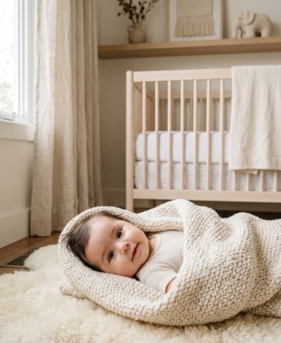 Hispanic baby girl in a minimalist neutral-toned nursery