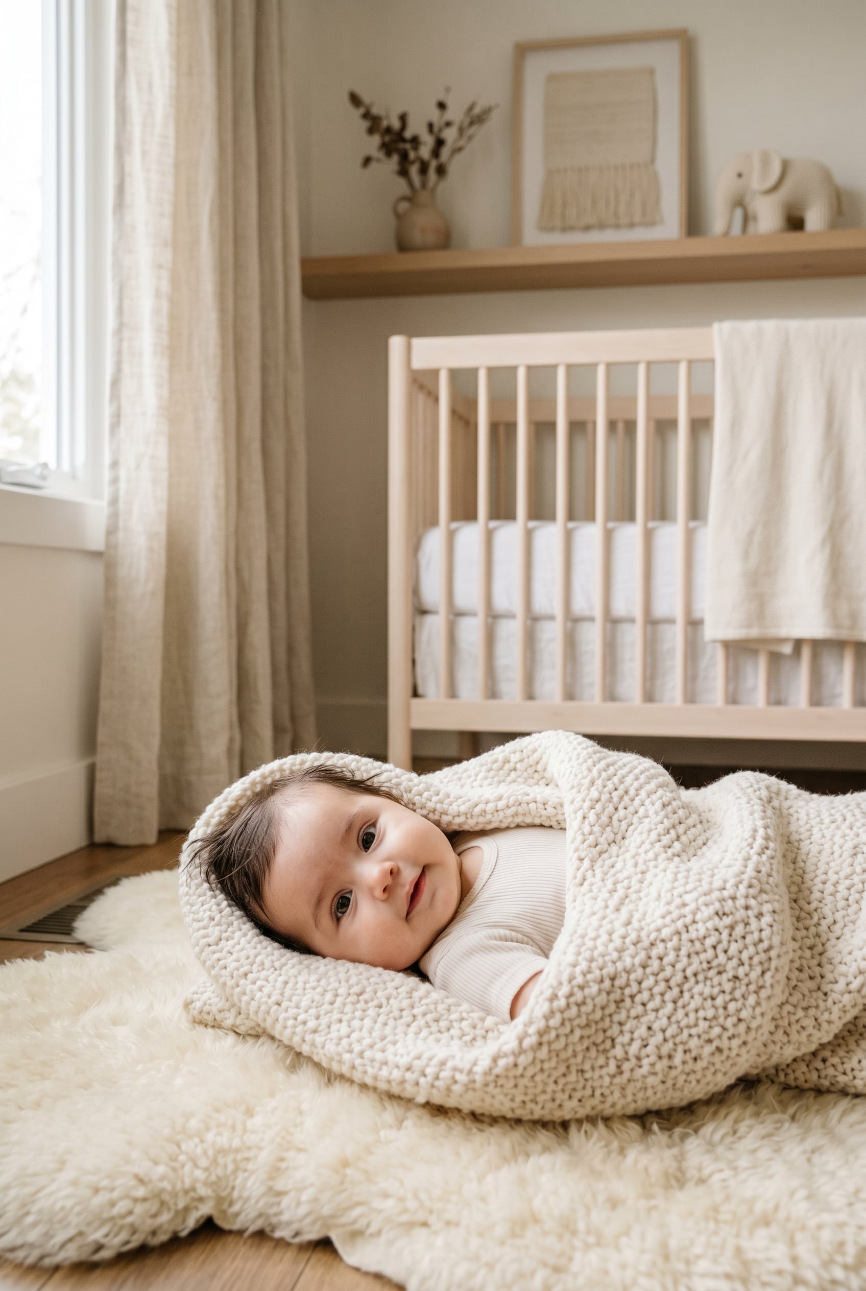 Hispanic baby girl in a minimalist neutral-toned nursery