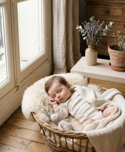 French baby girl in a culturally-inspired minimalist nursery setting
