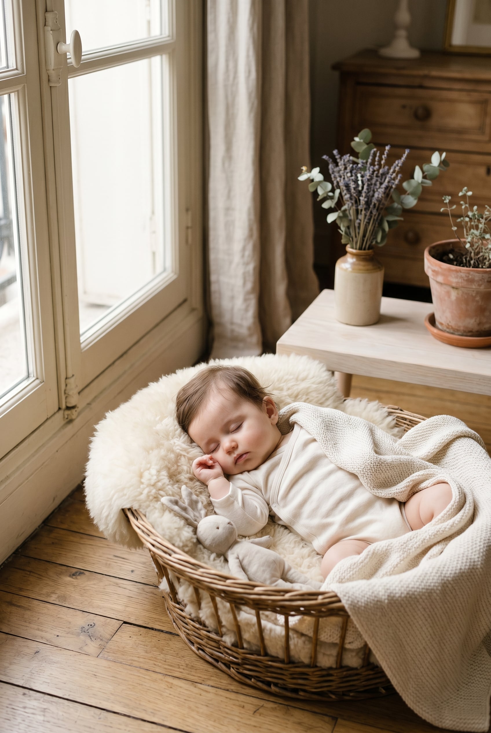 French baby girl in a culturally-inspired minimalist nursery setting