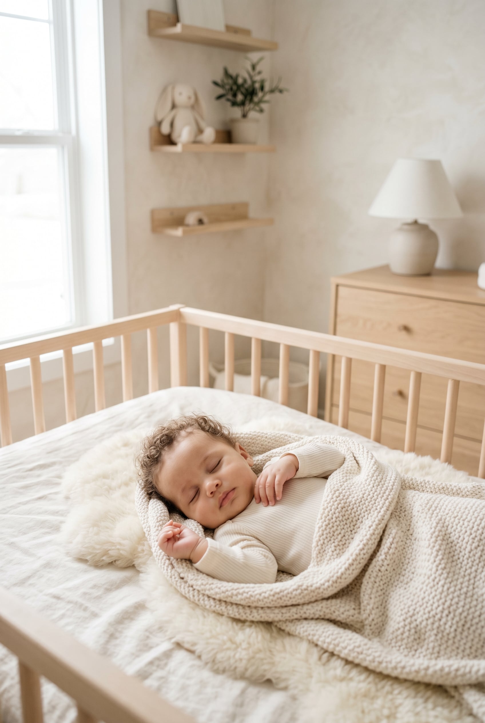 Mixed-race baby in a minimalist neutral-toned nursery