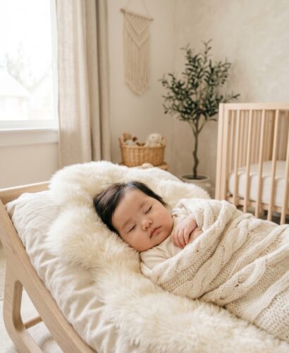 East Asian baby in a minimalist neutral-toned nursery