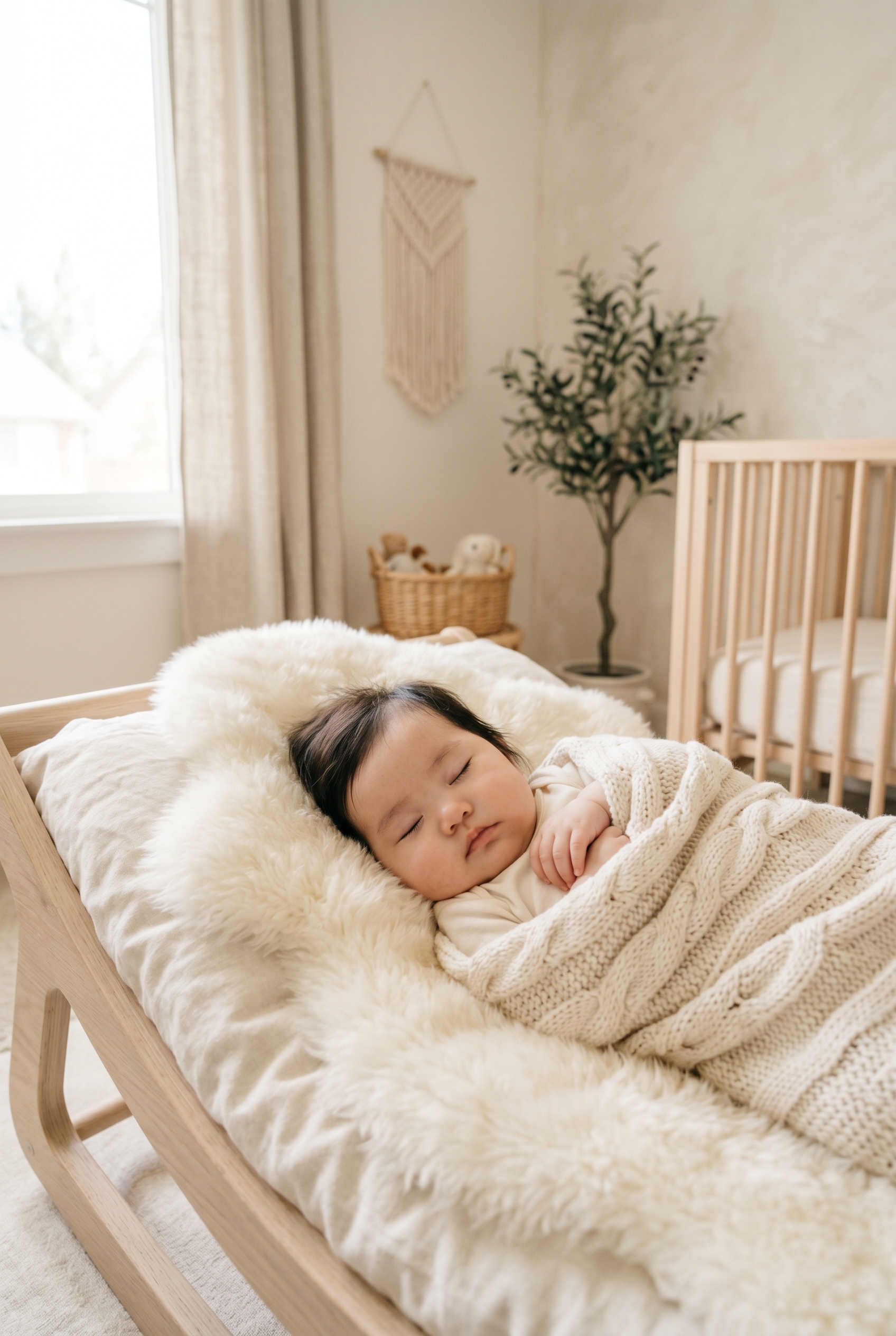 East Asian baby in a minimalist neutral-toned nursery