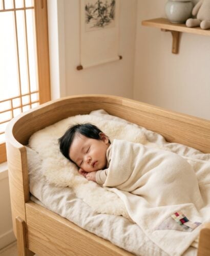 Korean baby girl in a culturally-inspired minimalist nursery setting