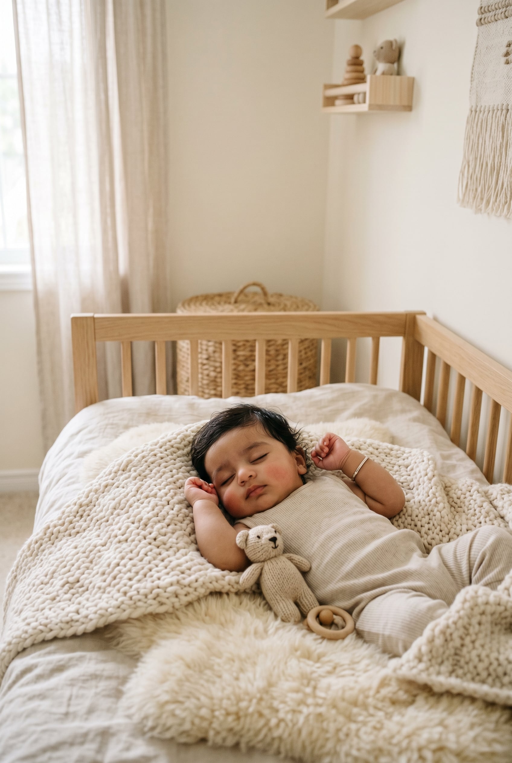 South Asian baby boy in a minimalist neutral-toned nursery