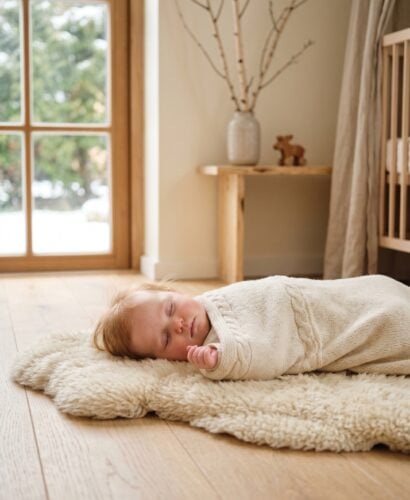 Scandinavian baby girl wrapped in cream knit blanket on sheepskin rug in minimalist Nordic nursery