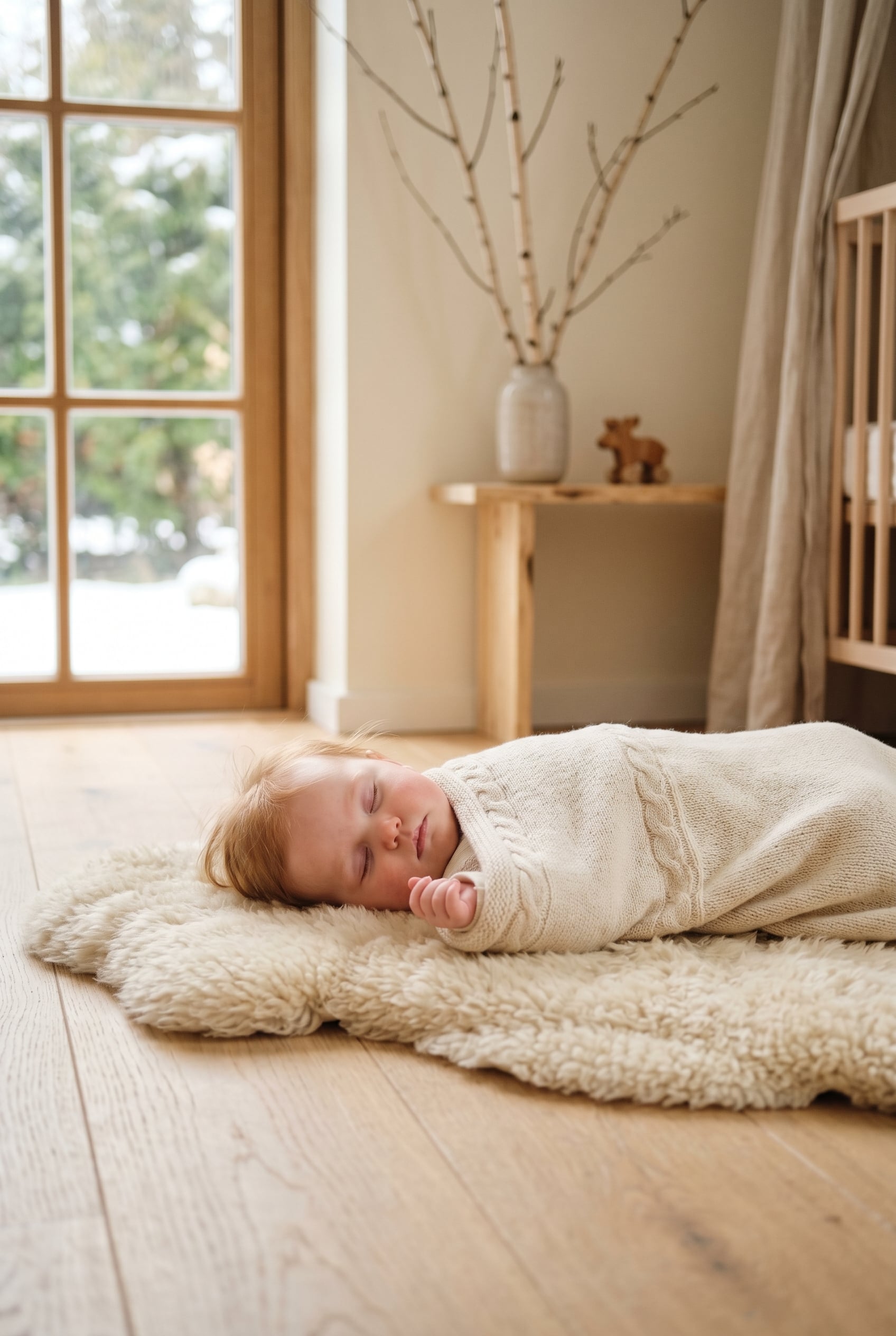 Scandinavian baby girl wrapped in cream knit blanket on sheepskin rug in minimalist Nordic nursery