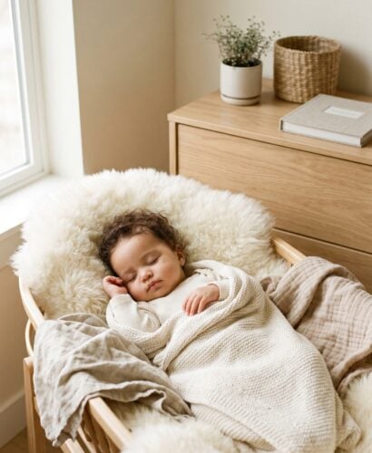 Mixed-race baby girl in a minimalist neutral-toned nursery