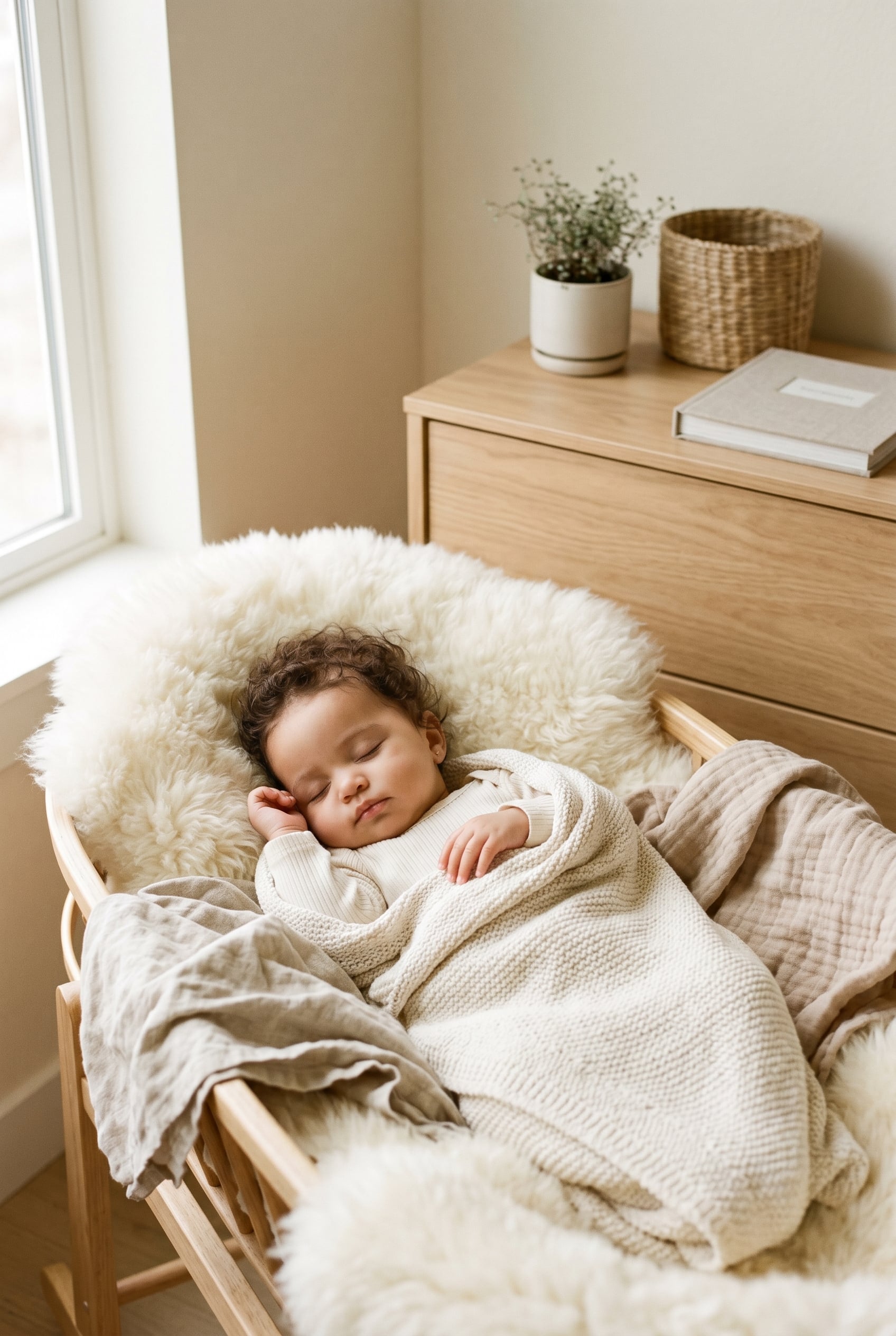 Mixed-race baby girl in a minimalist neutral-toned nursery