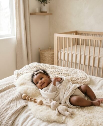 Black baby girl in a minimalist neutral-toned nursery