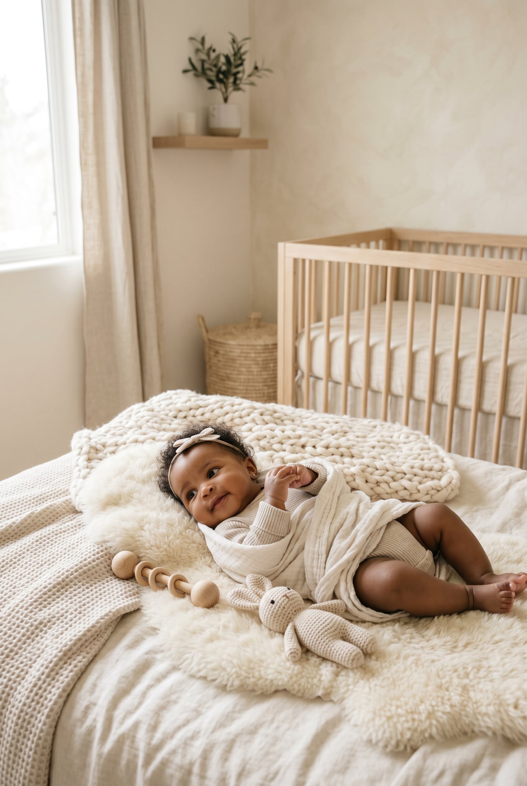 Black baby girl in a minimalist neutral-toned nursery