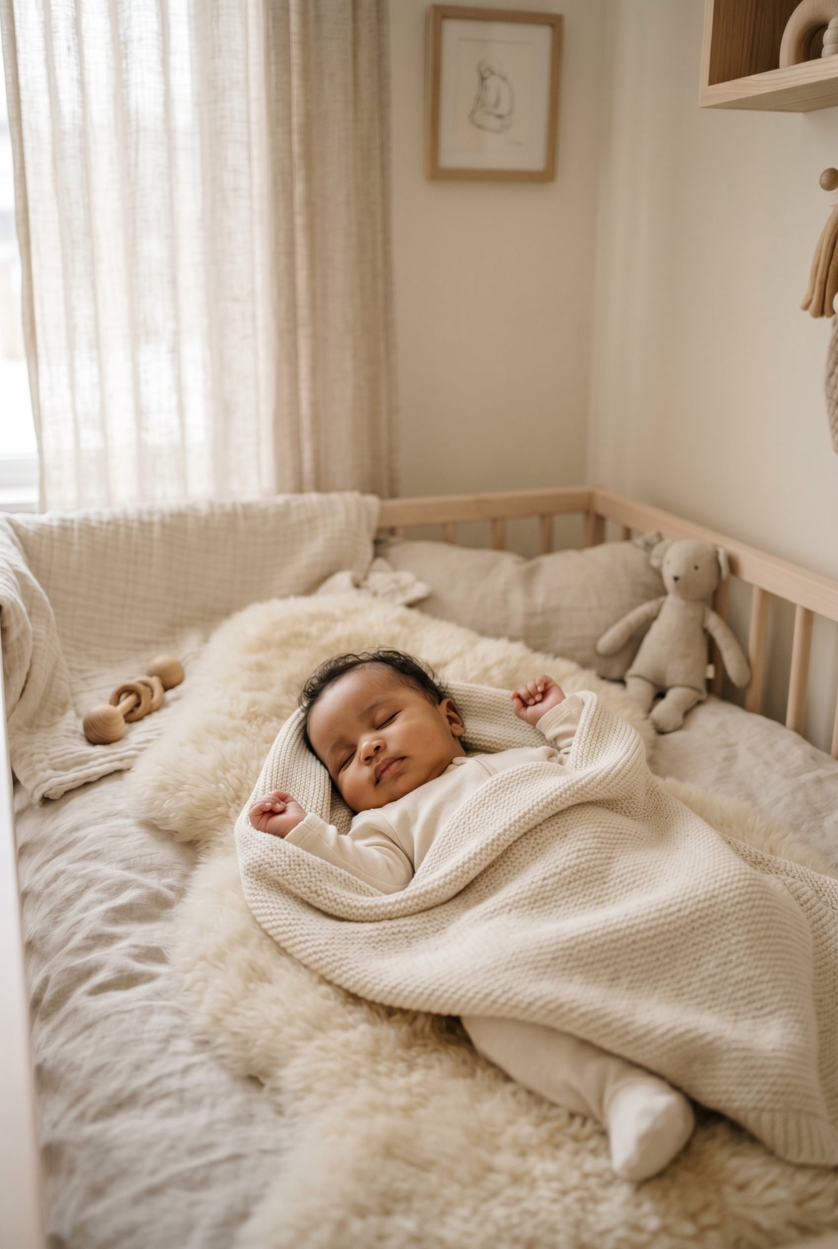Mixed-race baby girl in a minimalist neutral-toned nursery