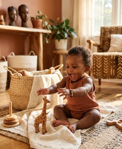 Baby Girl in a sunlit living room with warm wood and woven textiles — 200+ African Baby Girl Names With Deep Roots and Joyful Sounds