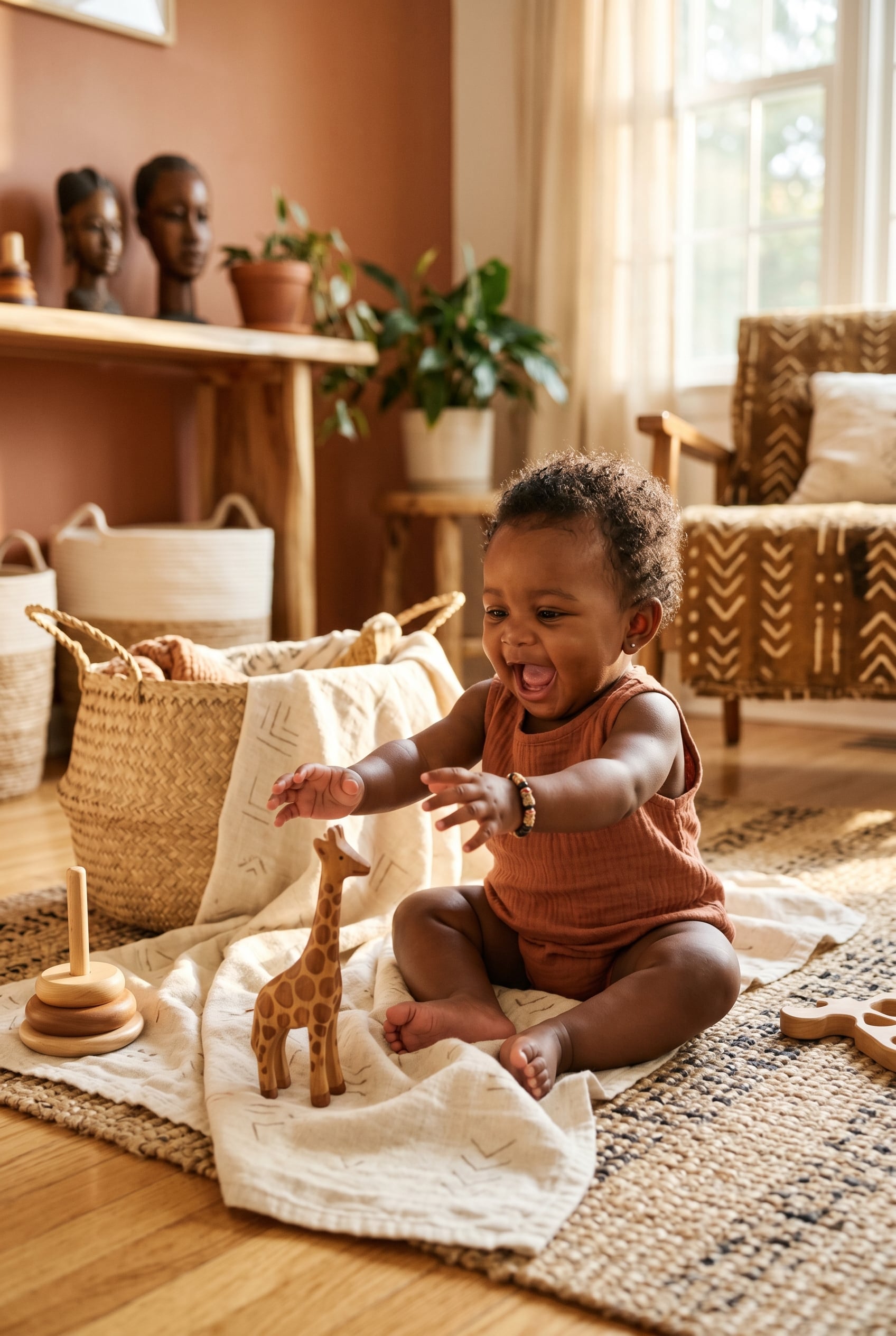 Baby Girl in a sunlit living room with warm wood and woven textiles — 200+ African Baby Girl Names With Deep Roots and Joyful Sounds