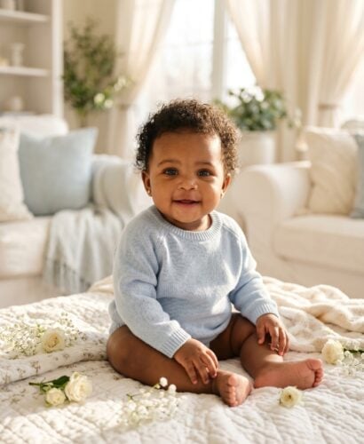 Baby Girl in a sunlit living space with white furnishings and afternoon light — 200+ Angelcore Baby Names With Celestial, Divine Energy