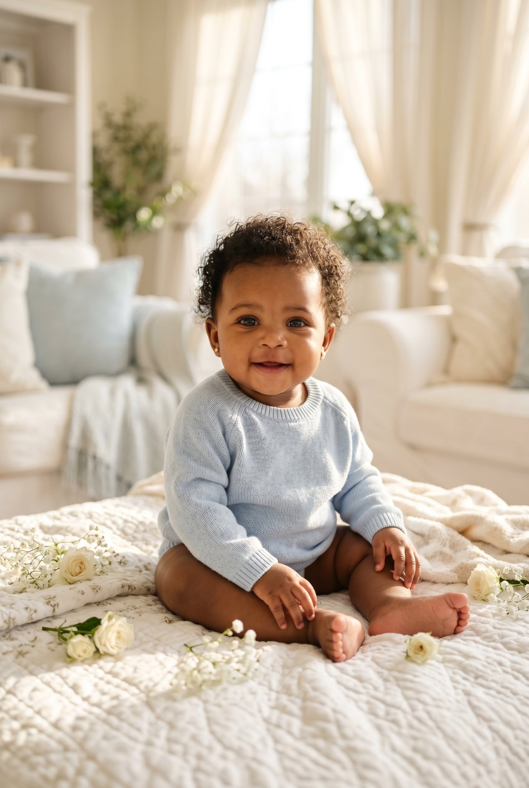 Baby Girl in a sunlit living space with white furnishings and afternoon light — 200+ Angelcore Baby Names With Celestial, Divine Energy