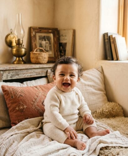 Baby Boy in a warmly lit corner with layered linens and brass accents — 200+ Arabic Baby Boy Names That Are Strong and Full of Meaning