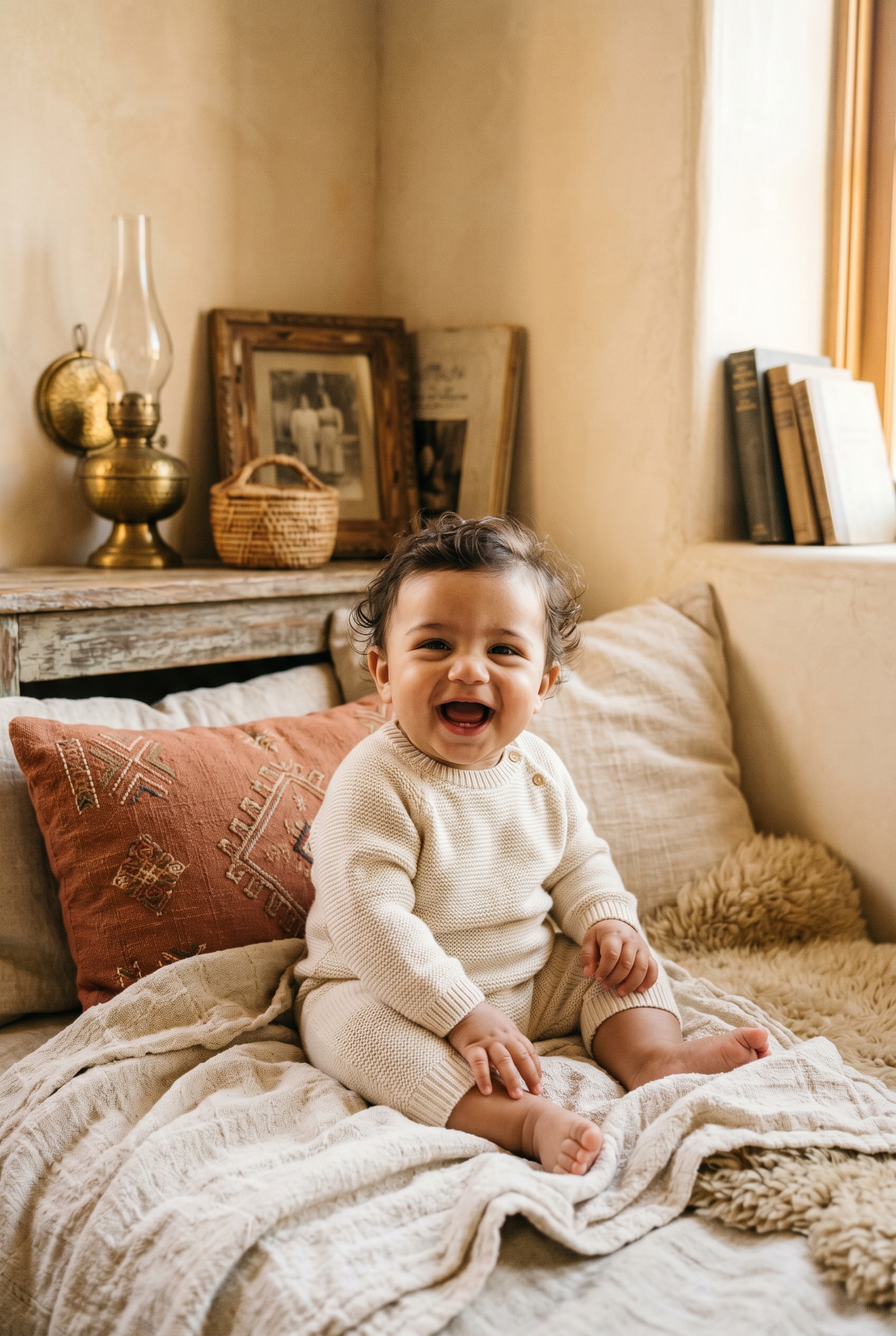 Baby Boy in a warmly lit corner with layered linens and brass accents — 200+ Arabic Baby Boy Names That Are Strong and Full of Meaning