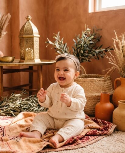 Baby Girl in A warm terracotta studio with brass lantern and geometric textiles — 200+ Arabic Baby Girl Names That Are Melodic and Meaningful