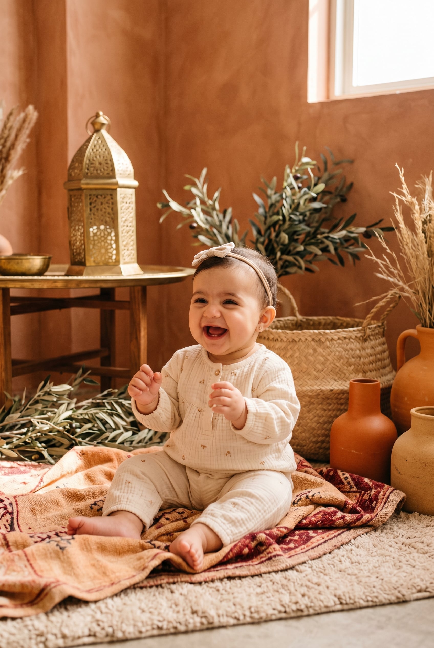 Baby Girl in A warm terracotta studio with brass lantern and geometric textiles — 200+ Arabic Baby Girl Names That Are Melodic and Meaningful