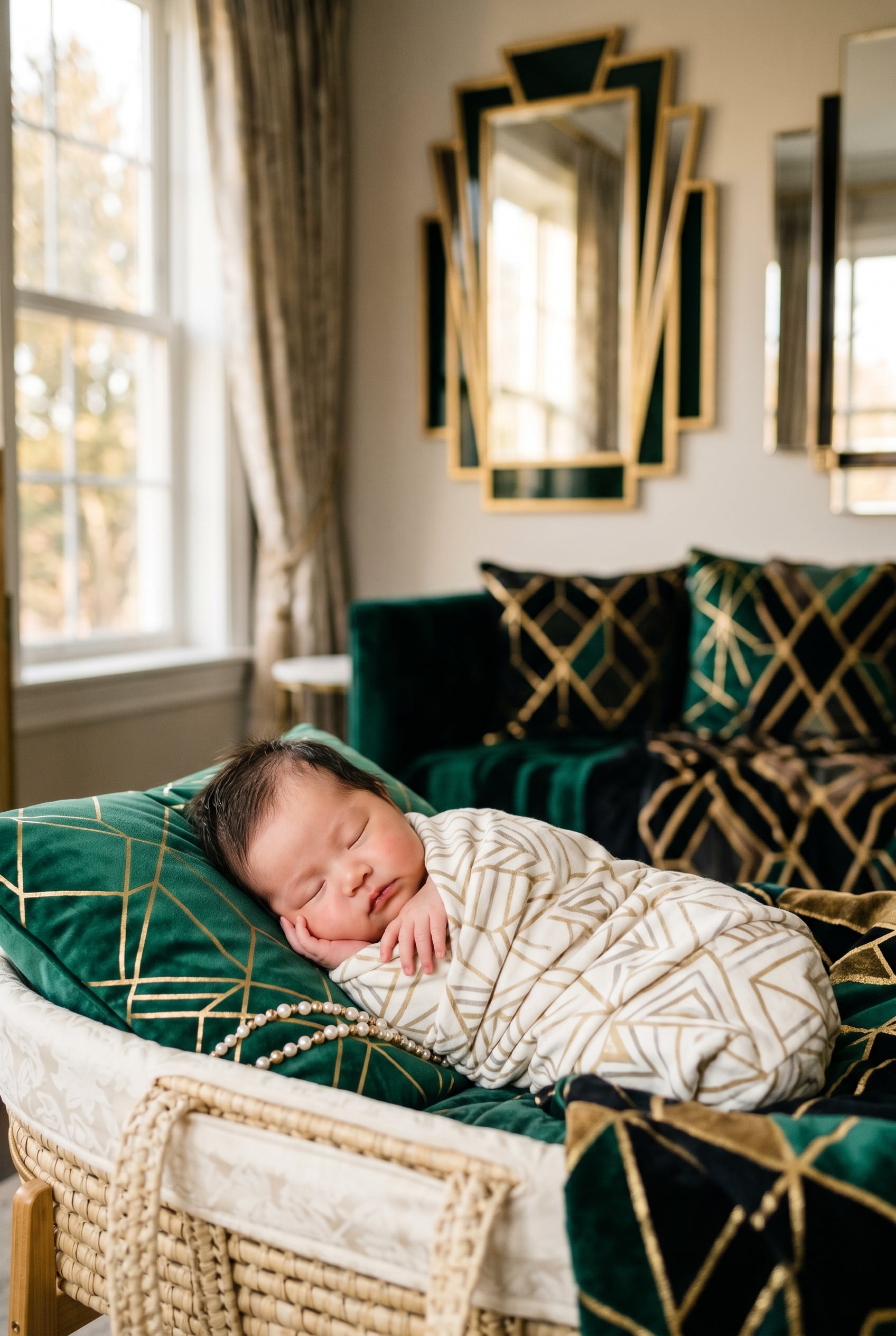 Baby Girl in an elegant room with art deco mirrors and geometric patterned fabrics — 200+ Art Deco Baby Names From the Glamorous 1920s and 1930s