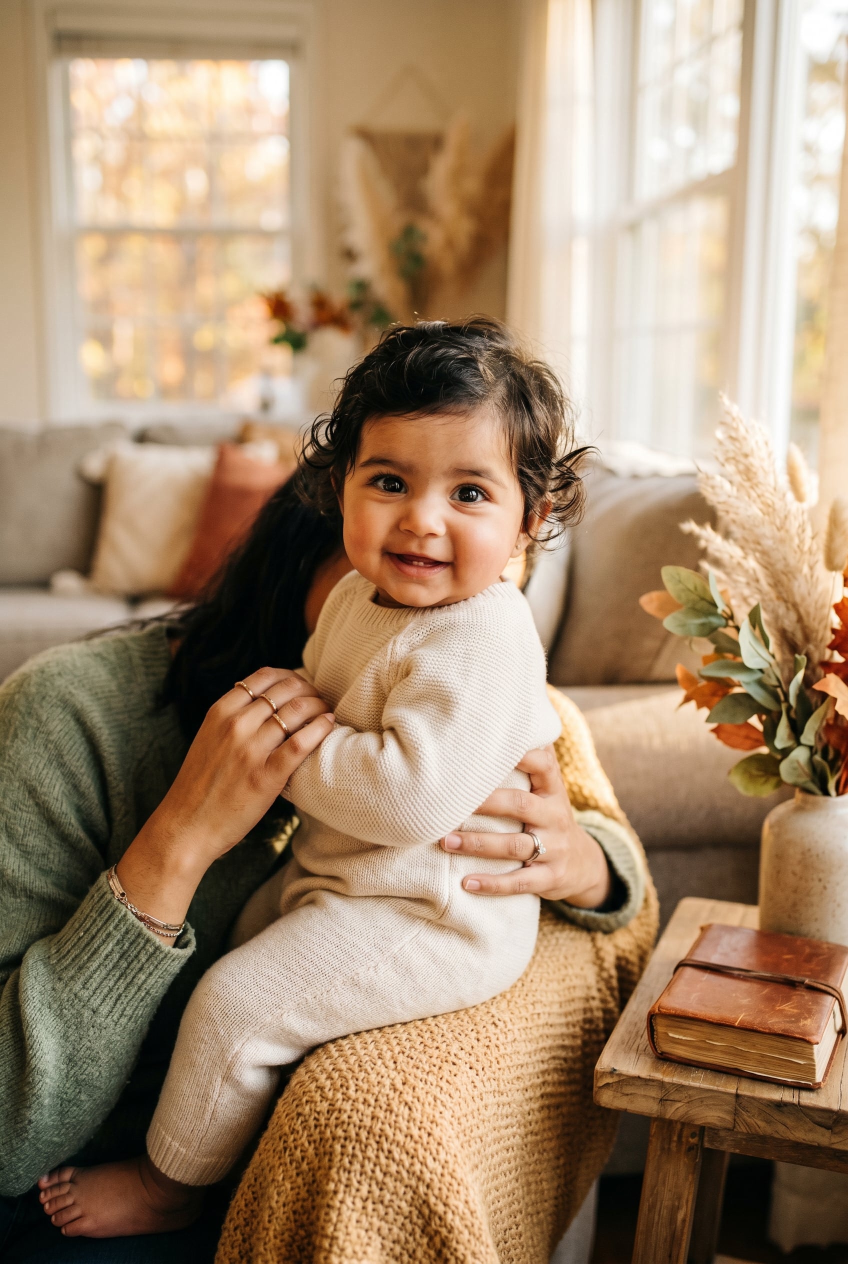Baby in a living room corner bathed in golden autumn afternoon light — Autumn Baby Names for a Fall-Born Little One