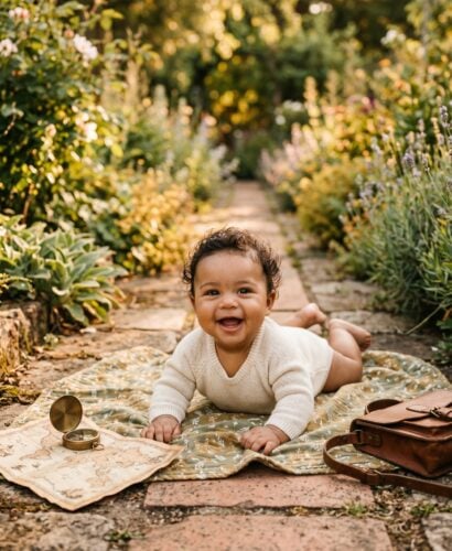Baby in a sun-dappled garden path at golden hour — Baby Names That Mean Brave or Courageous