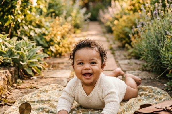 Baby in a sun-dappled garden path at golden hour — Baby Names That Mean Brave or Courageous