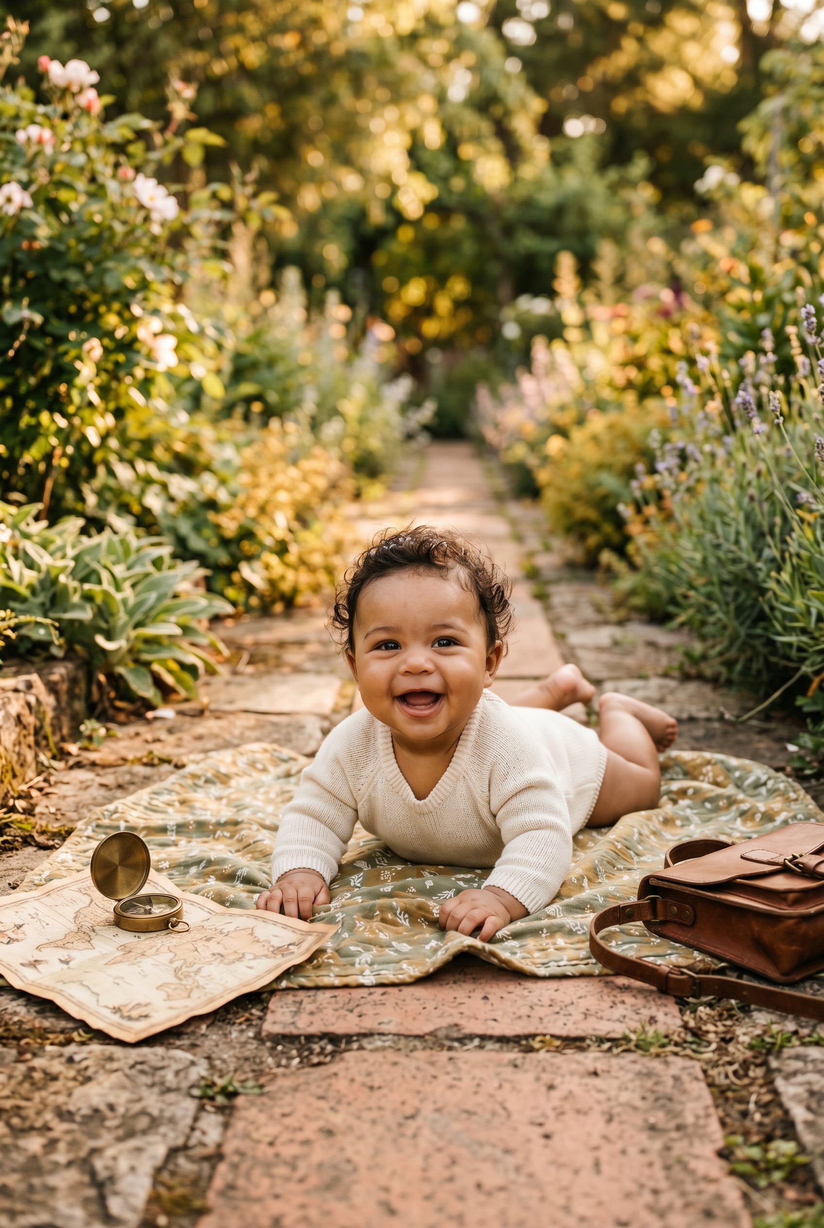 Baby in a sun-dappled garden path at golden hour — Baby Names That Mean Brave or Courageous