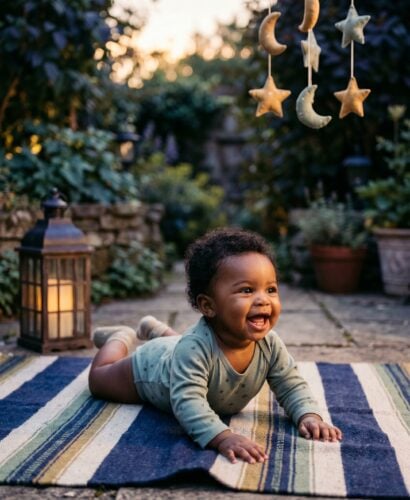Baby Girl in a garden patio at dusk with golden hour light — 200+ Baby Names That Mean Dark or Night — Mysterious, Moody, and Magnetic