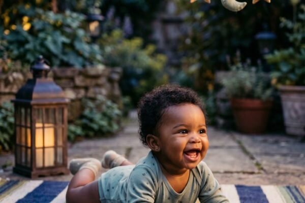 Baby Girl in a garden patio at dusk with golden hour light — 200+ Baby Names That Mean Dark or Night — Mysterious, Moody, and Magnetic