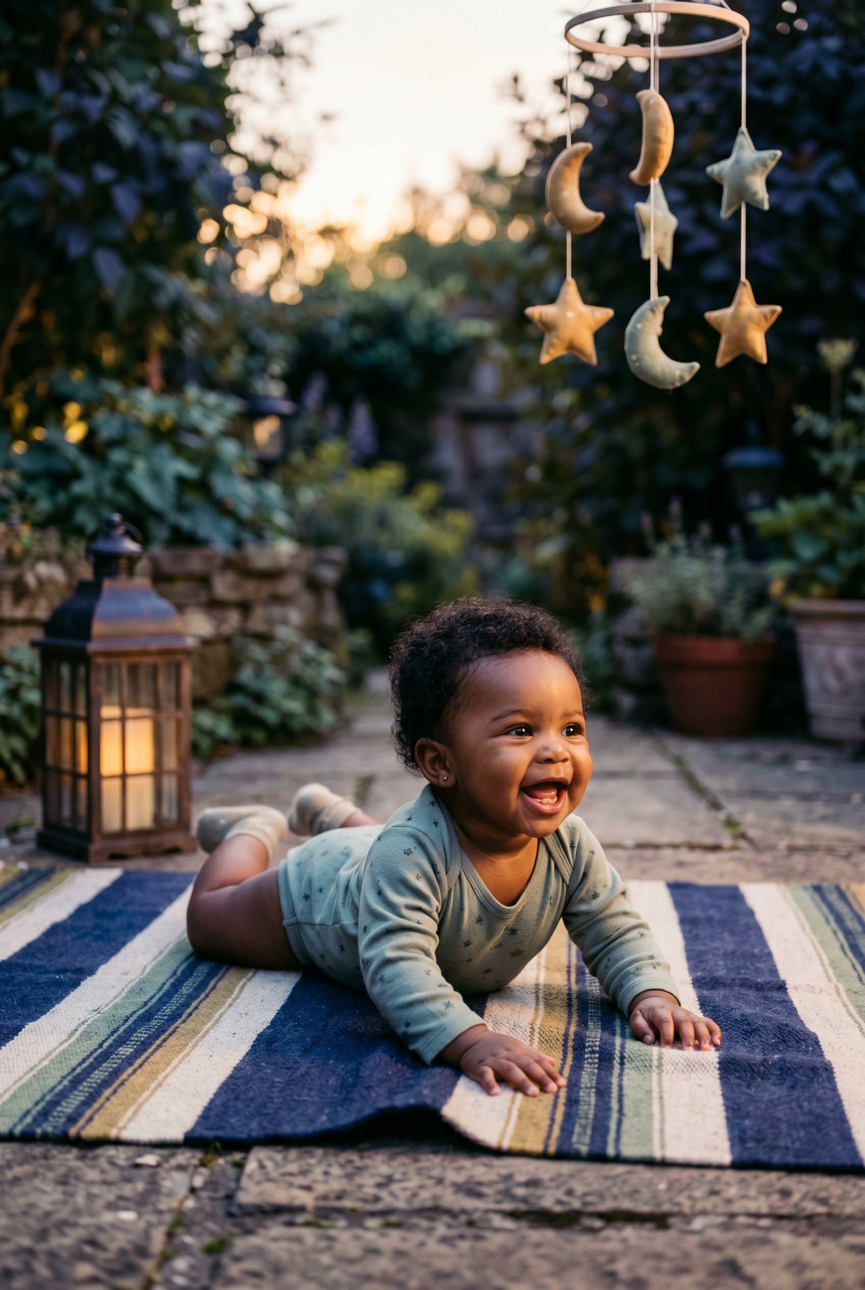 Baby Girl in a garden patio at dusk with golden hour light — 200+ Baby Names That Mean Dark or Night — Mysterious, Moody, and Magnetic
