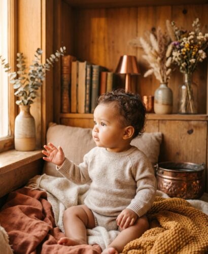 Baby Girl in a cozy reading nook with warm wood and golden light — 200+ Baby Names That Mean Fire — Fierce, Passionate, and Unforgettable