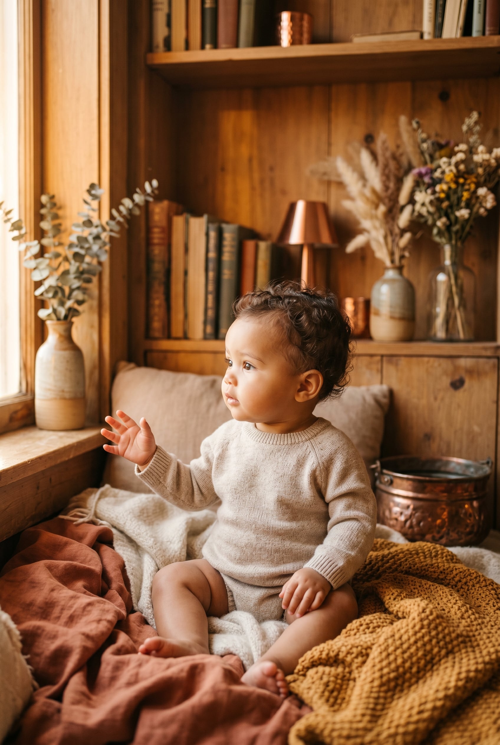 Baby Girl in a cozy reading nook with warm wood and golden light — 200+ Baby Names That Mean Fire — Fierce, Passionate, and Unforgettable
