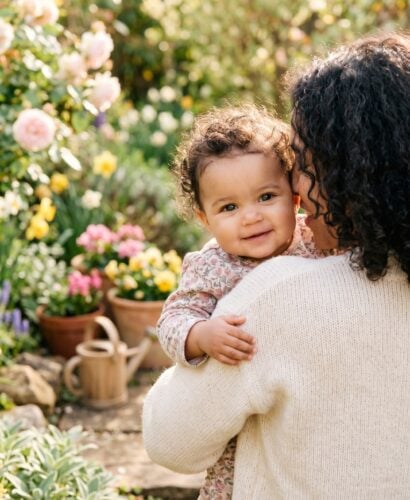 Baby Girl in a sunlit spring garden with blooming flowers and fresh greenery — 200+ Baby Names That Mean Life — Vibrant, Vital, and Full of Energy