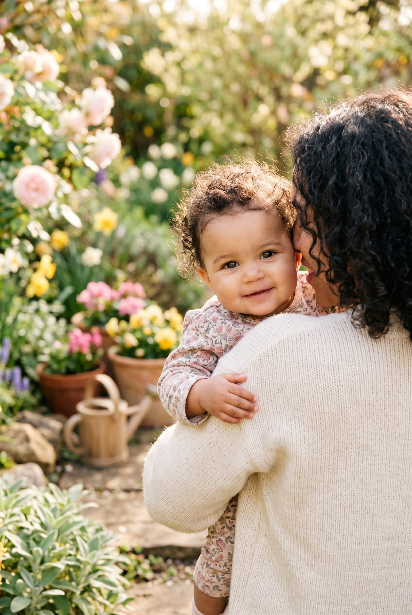 Baby Girl in a sunlit spring garden with blooming flowers and fresh greenery — 200+ Baby Names That Mean Life — Vibrant, Vital, and Full of Energy