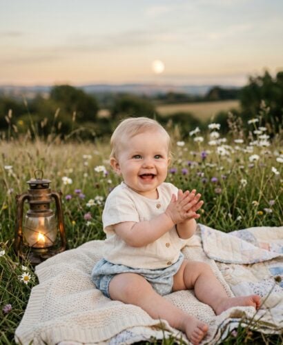 Baby Girl in a field at twilight with soft grass and emerging moonrise — 200+ Baby Names That Mean Moon — Dreamy, Luminous, and Deeply Rooted