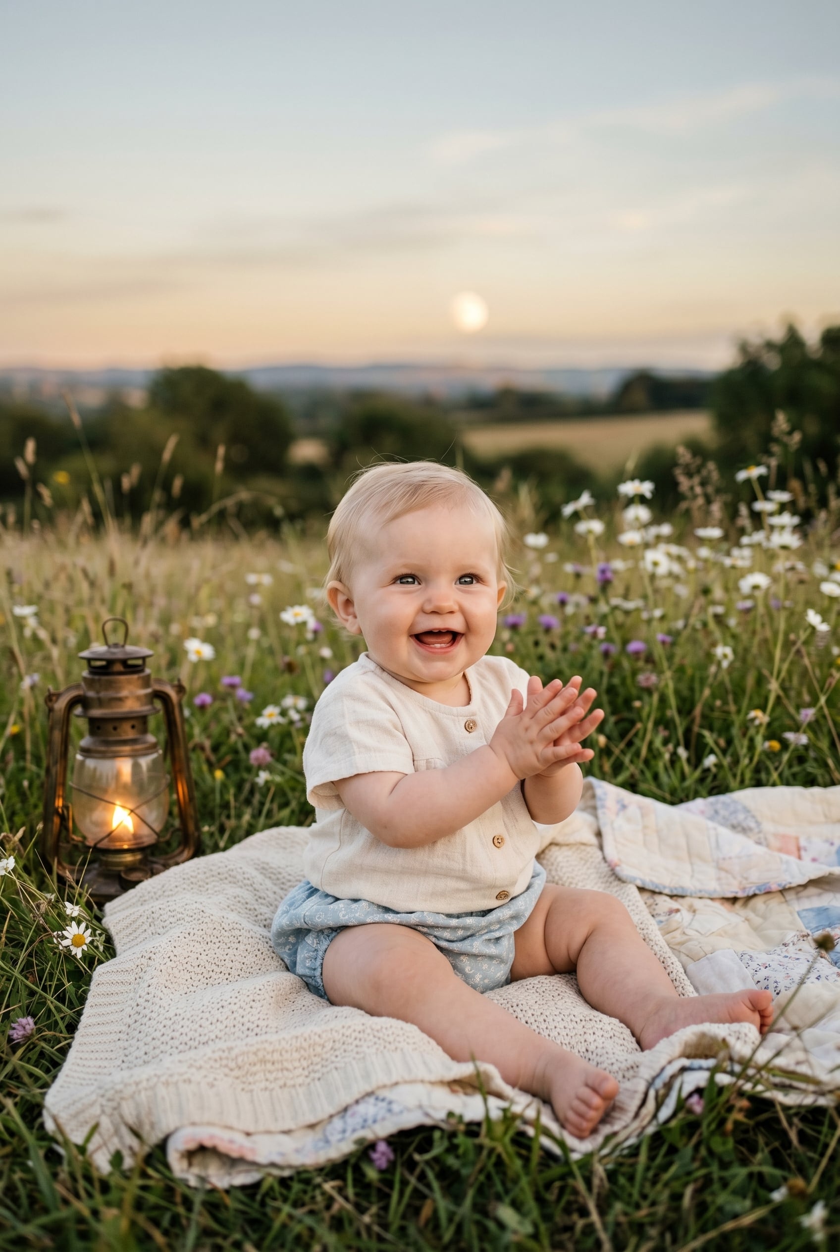 Baby Girl in a field at twilight with soft grass and emerging moonrise — 200+ Baby Names That Mean Moon — Dreamy, Luminous, and Deeply Rooted