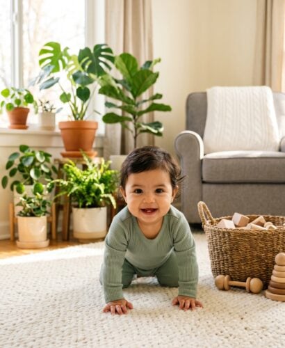 Baby in a sun-drenched living room corner with potted plants by windows — Baby Names That Mean Peace or Calm