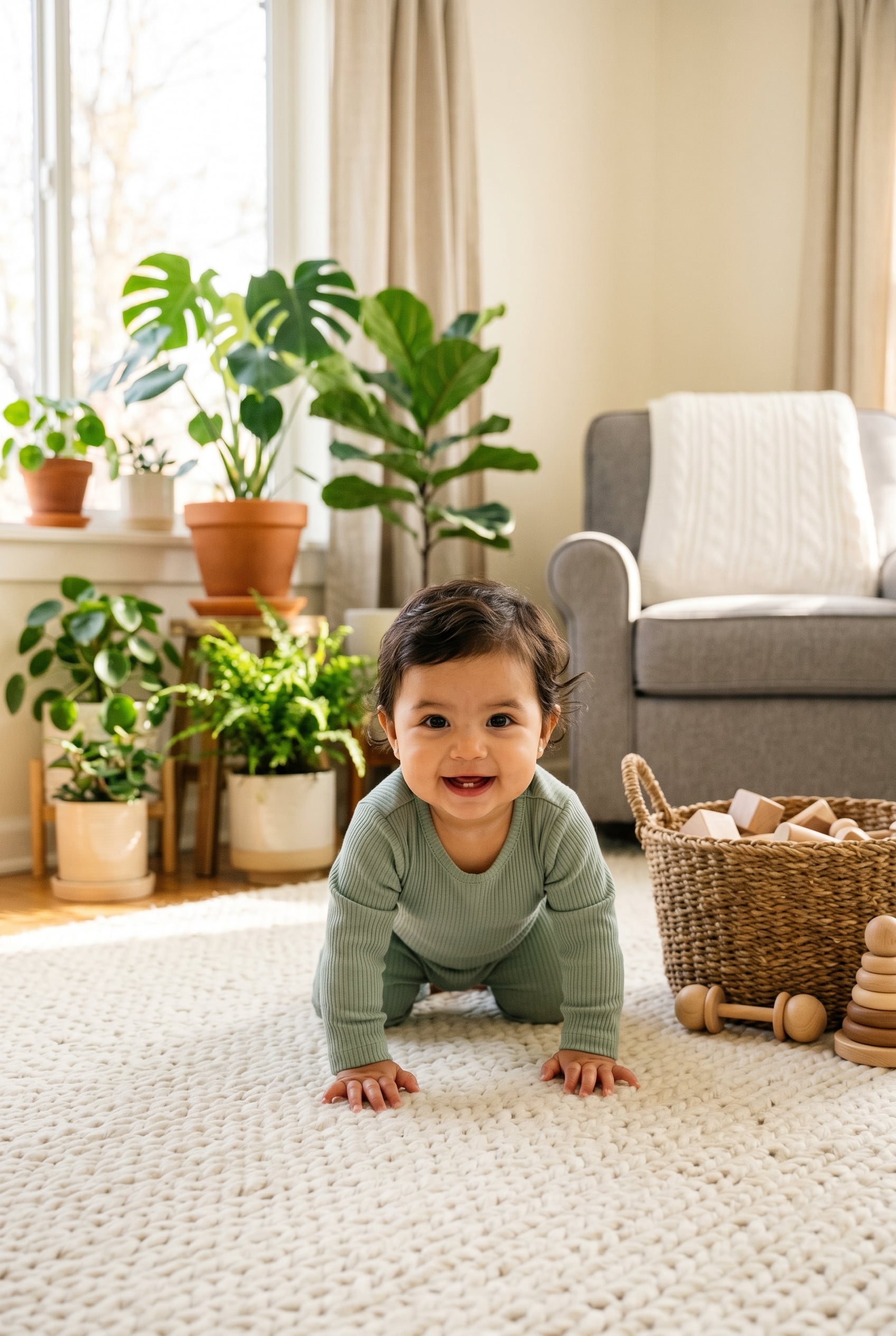 Baby in a sun-drenched living room corner with potted plants by windows — Baby Names That Mean Peace or Calm